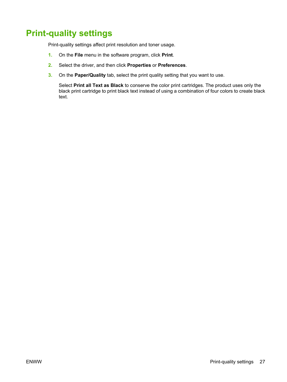 Print-quality settings | HP Color LaserJet CP1215 Printer User Manual | Page 35 / 122