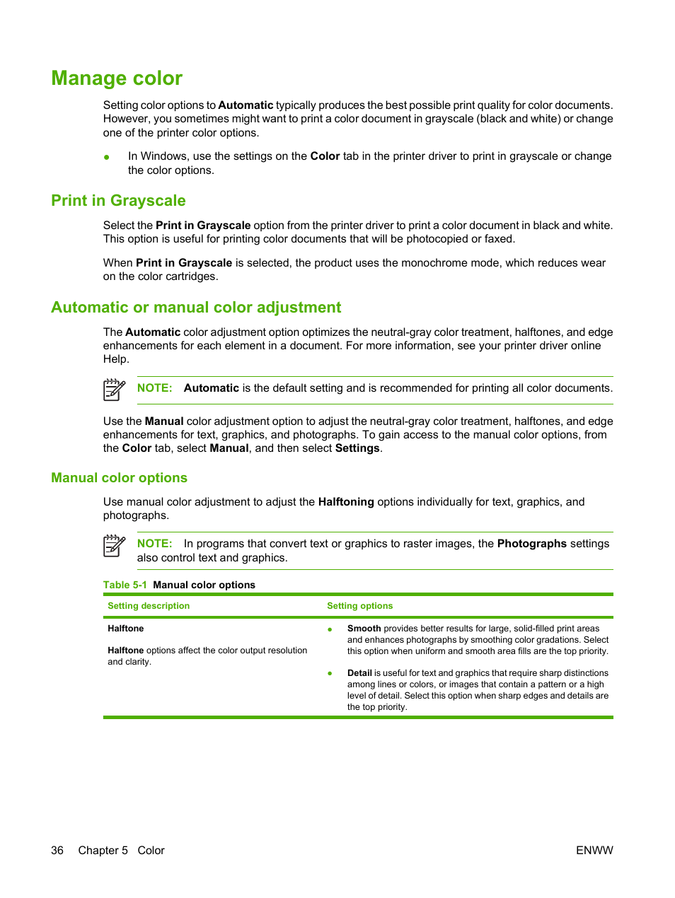 Manage color, Print in grayscale, Automatic or manual color adjustment | Manual color options | HP Color LaserJet CP1215 Printer User Manual | Page 44 / 122