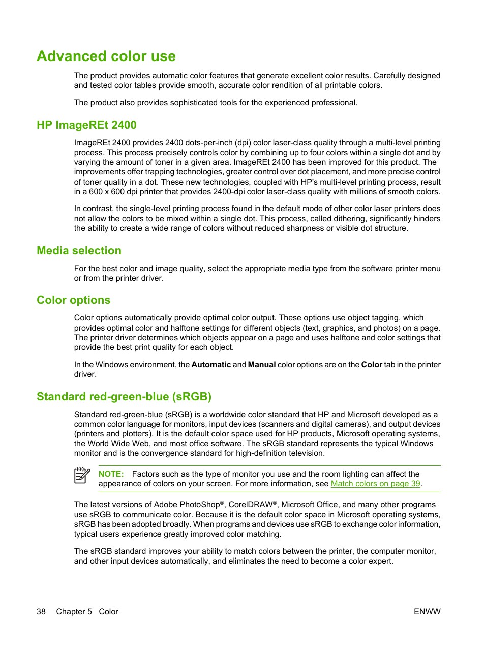 Advanced color use, Hp imageret 2400, Media selection | Color options, Standard red-green-blue (srgb) | HP Color LaserJet CP1215 Printer User Manual | Page 46 / 122