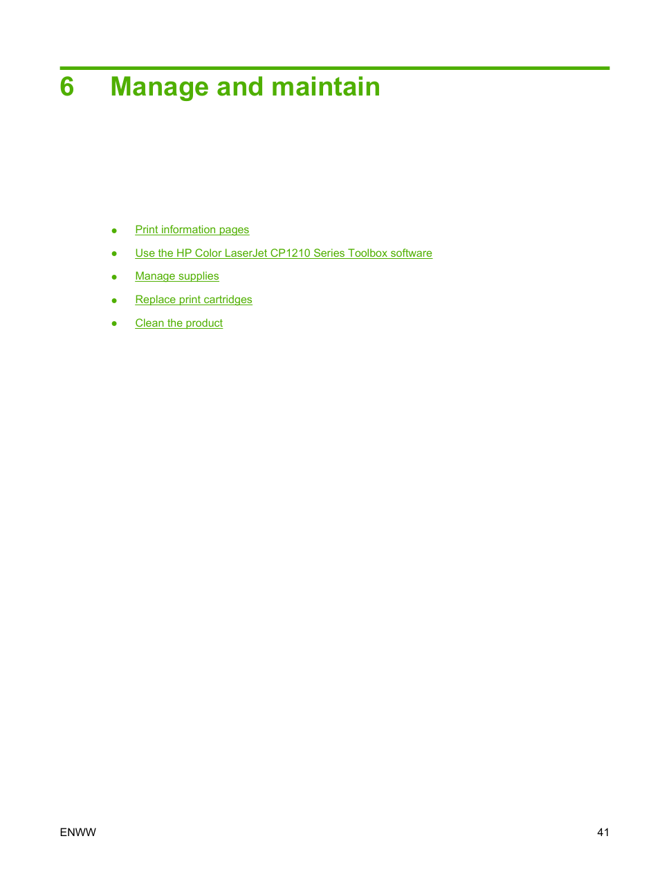 Manage and maintain, 6 manage and maintain, 6manage and maintain | HP Color LaserJet CP1215 Printer User Manual | Page 49 / 122