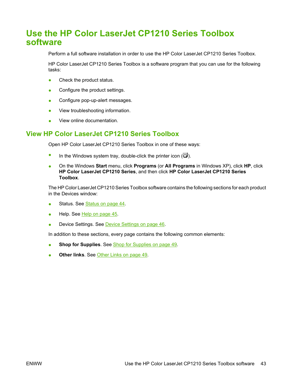 View hp color laserjet cp1210 series toolbox | HP Color LaserJet CP1215 Printer User Manual | Page 51 / 122