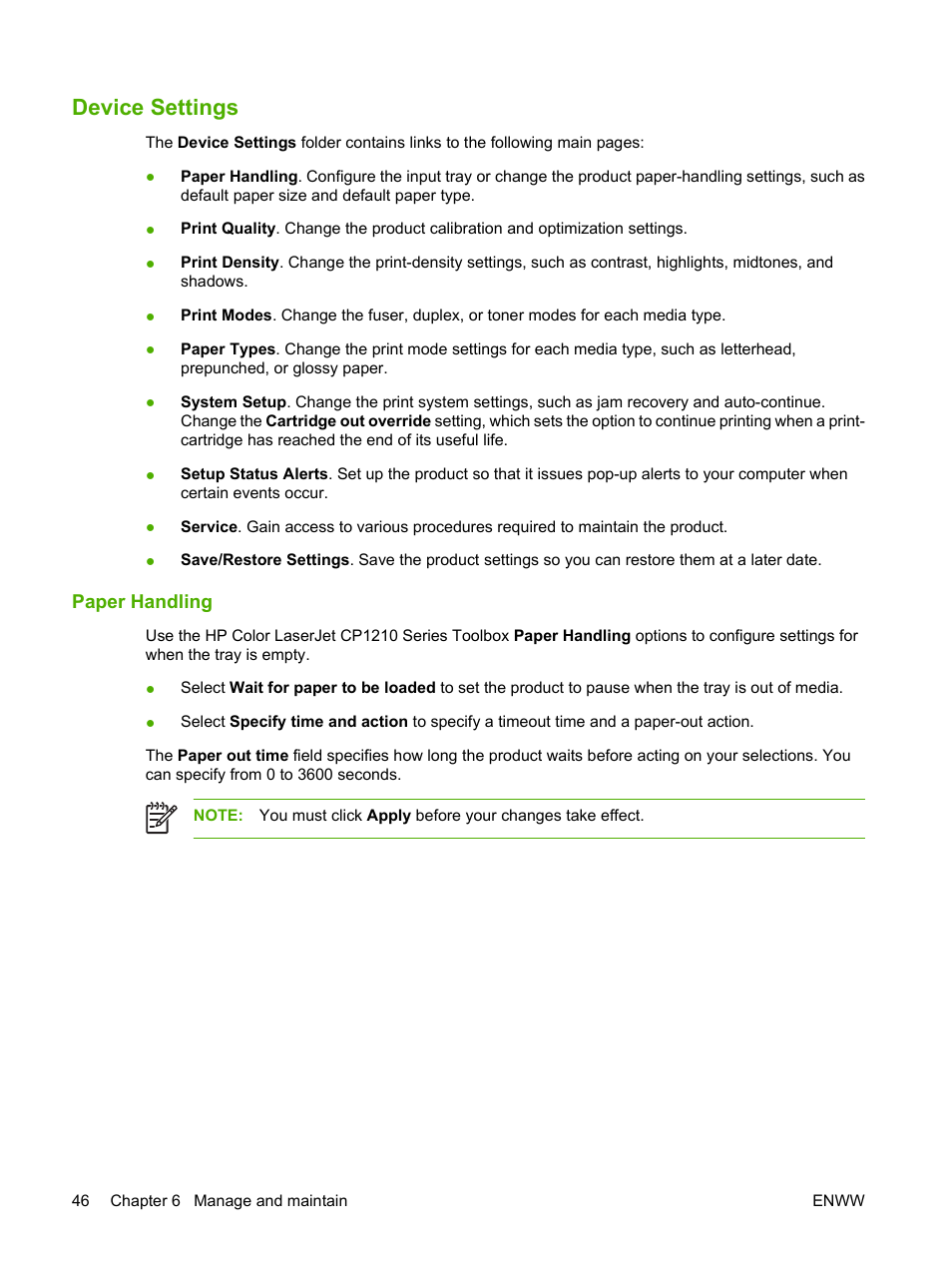 Device settings, Paper handling | HP Color LaserJet CP1215 Printer User Manual | Page 54 / 122