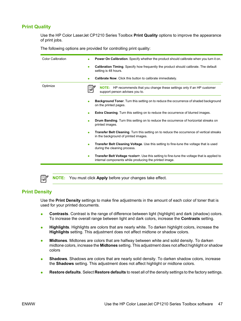 Print quality, Print density, Print quality print density | HP Color LaserJet CP1215 Printer User Manual | Page 55 / 122