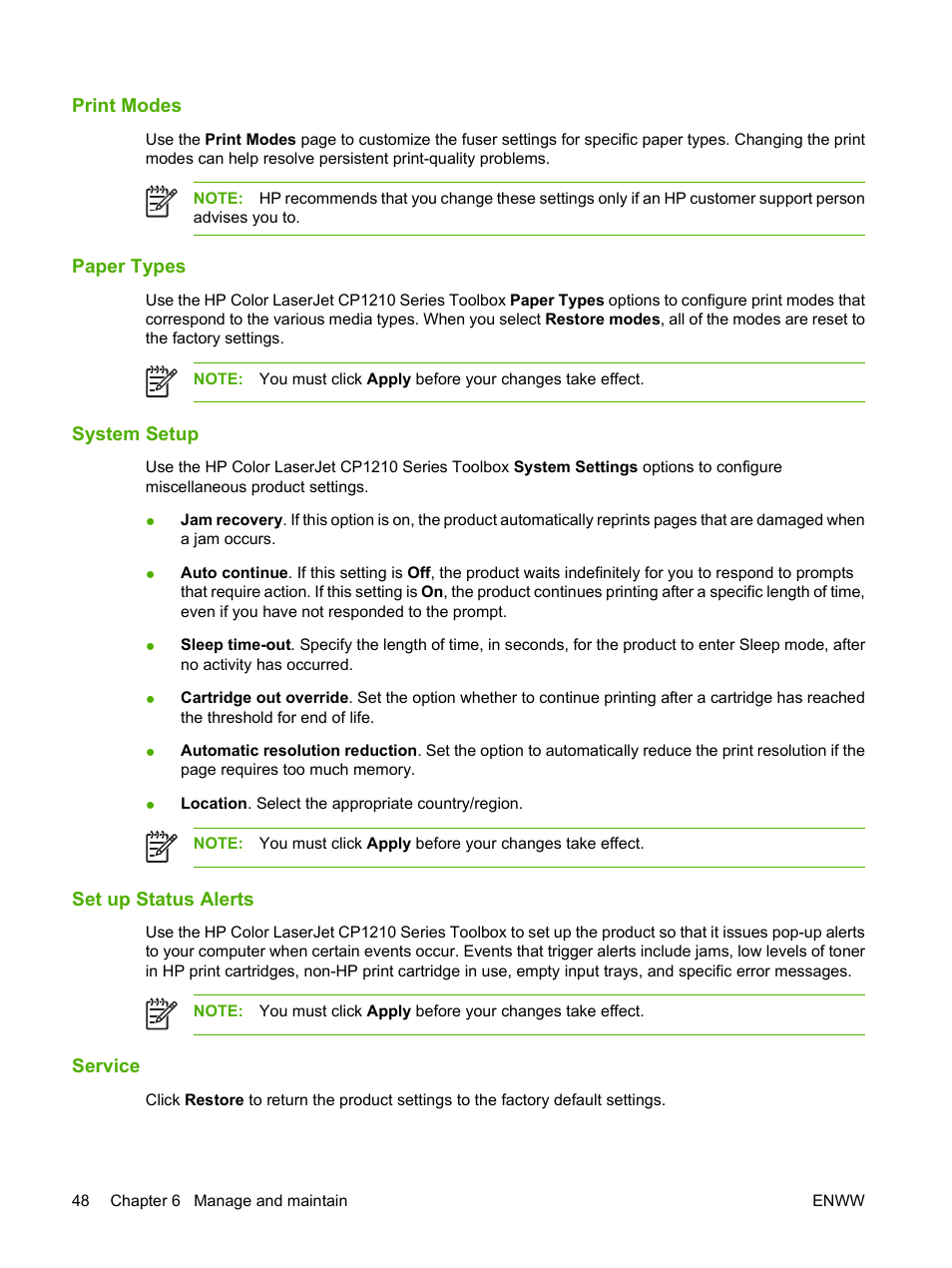 Print modes, Paper types, System setup | Set up status alerts, Service | HP Color LaserJet CP1215 Printer User Manual | Page 56 / 122