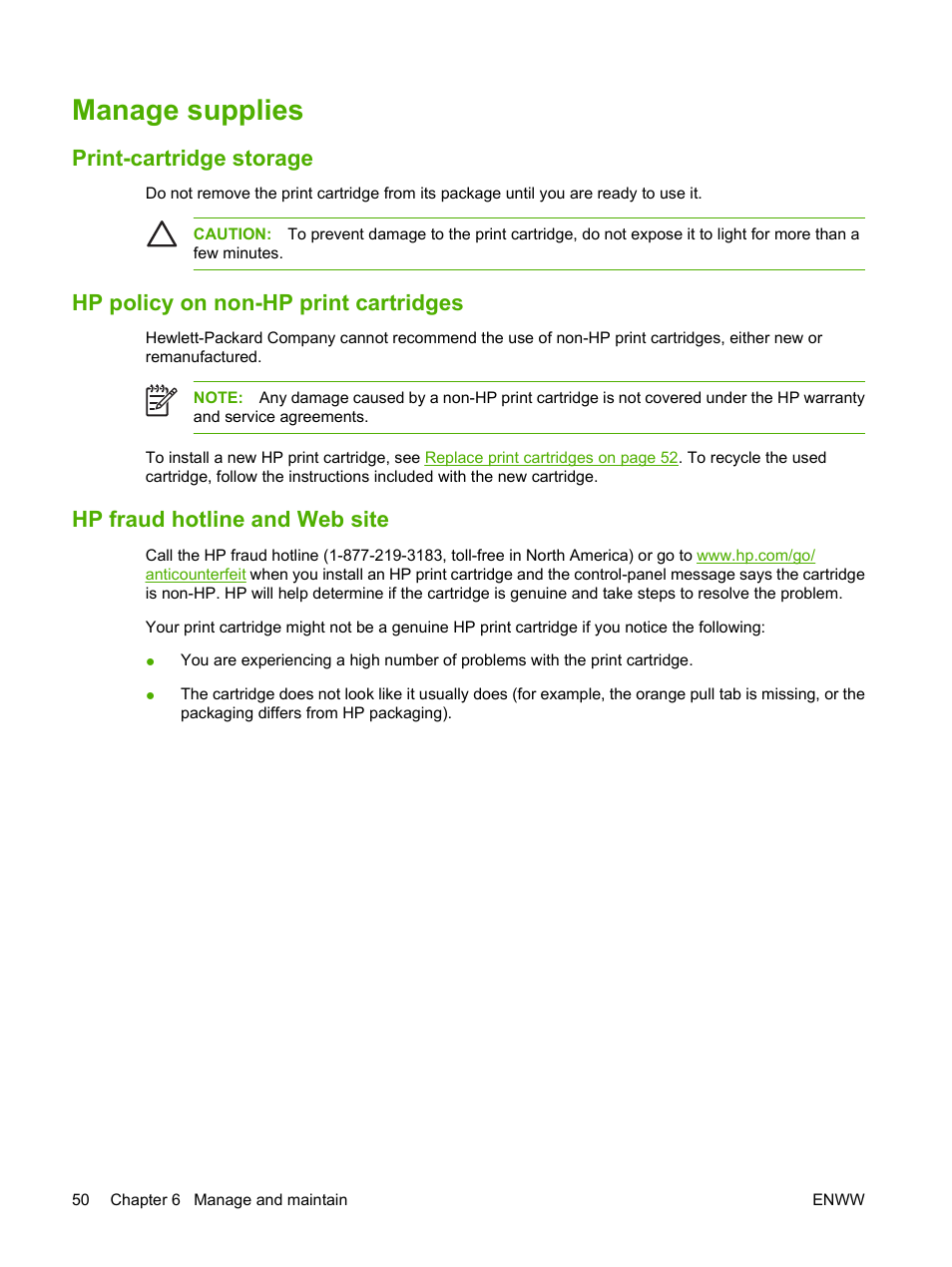 Manage supplies, Print-cartridge storage, Hp policy on non-hp print cartridges | Hp fraud hotline and web site | HP Color LaserJet CP1215 Printer User Manual | Page 58 / 122