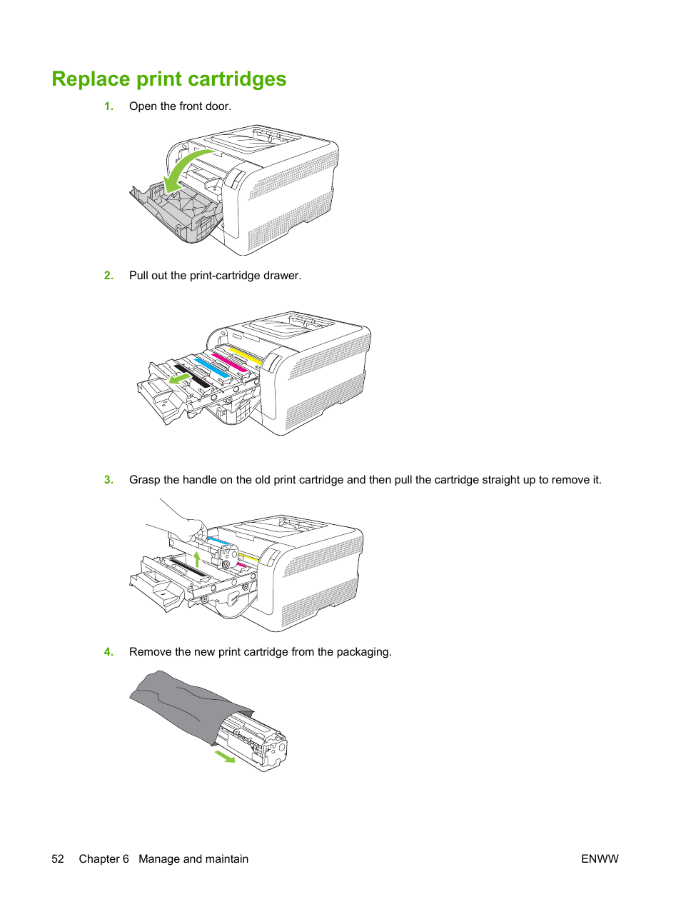 Replace print cartridges | HP Color LaserJet CP1215 Printer User Manual | Page 60 / 122