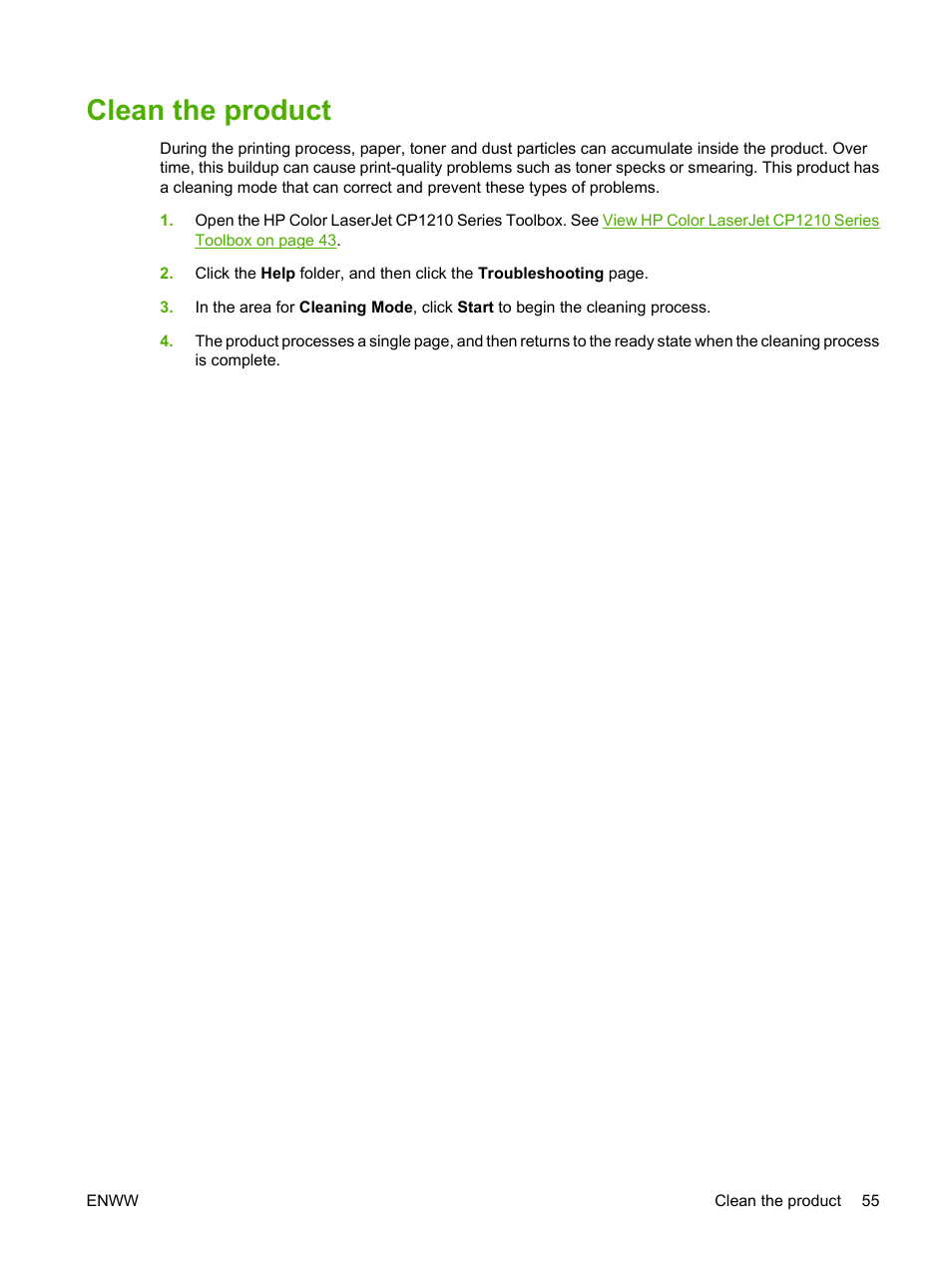 Clean the product | HP Color LaserJet CP1215 Printer User Manual | Page 63 / 122