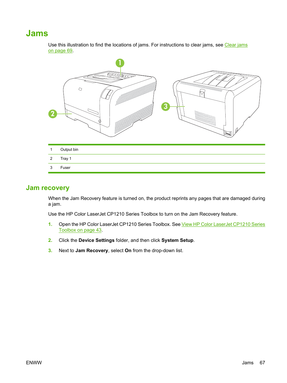 Jams, Jam recovery | HP Color LaserJet CP1215 Printer User Manual | Page 75 / 122