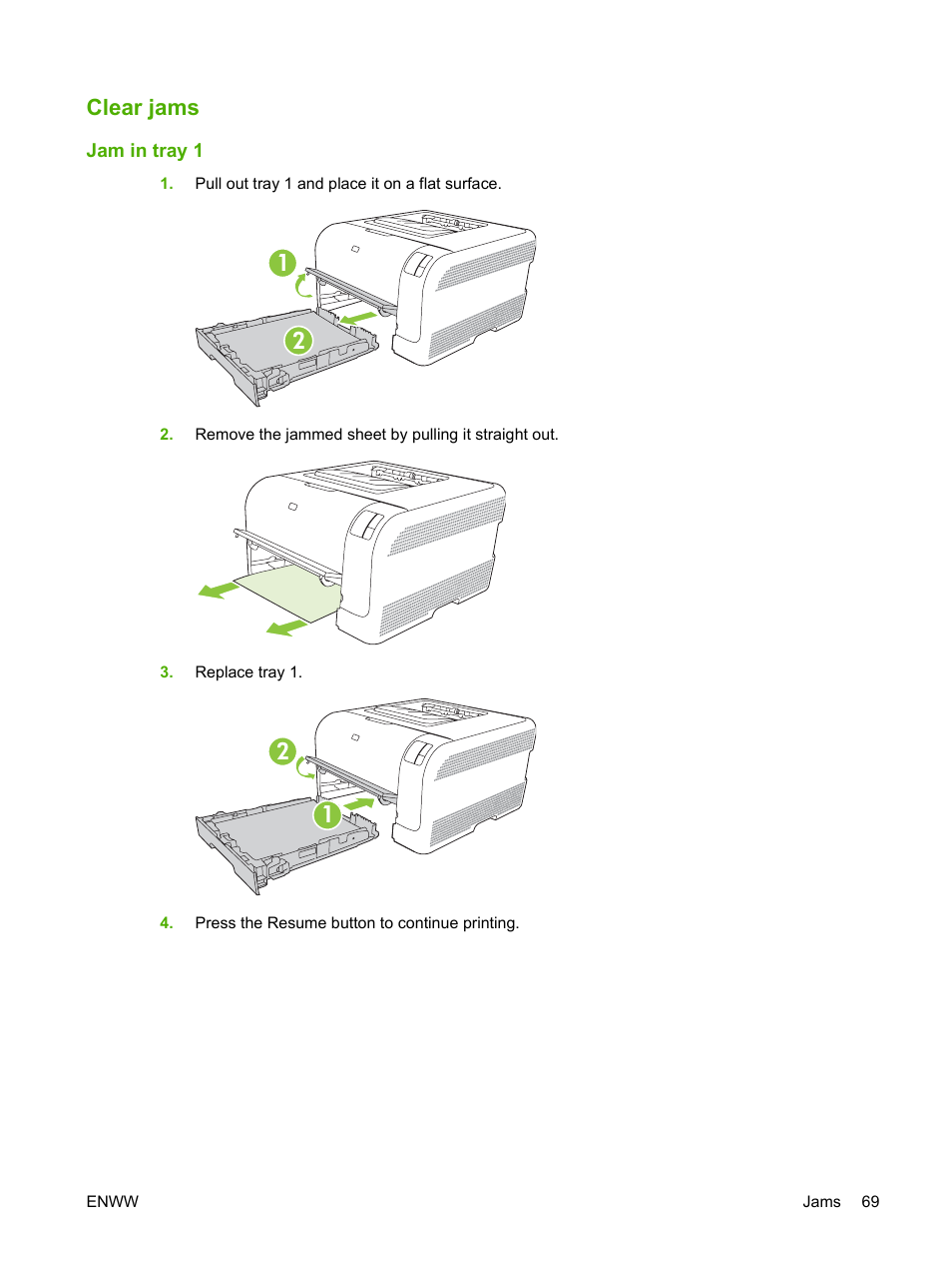 Clear jams, Jam in tray 1 | HP Color LaserJet CP1215 Printer User Manual | Page 77 / 122