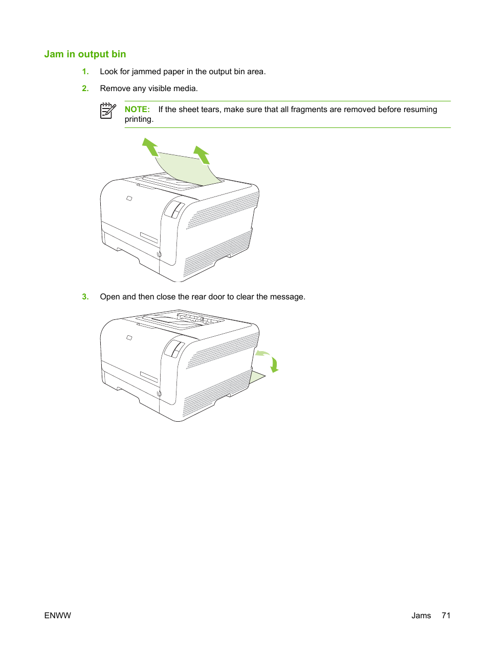 Jam in output bin | HP Color LaserJet CP1215 Printer User Manual | Page 79 / 122