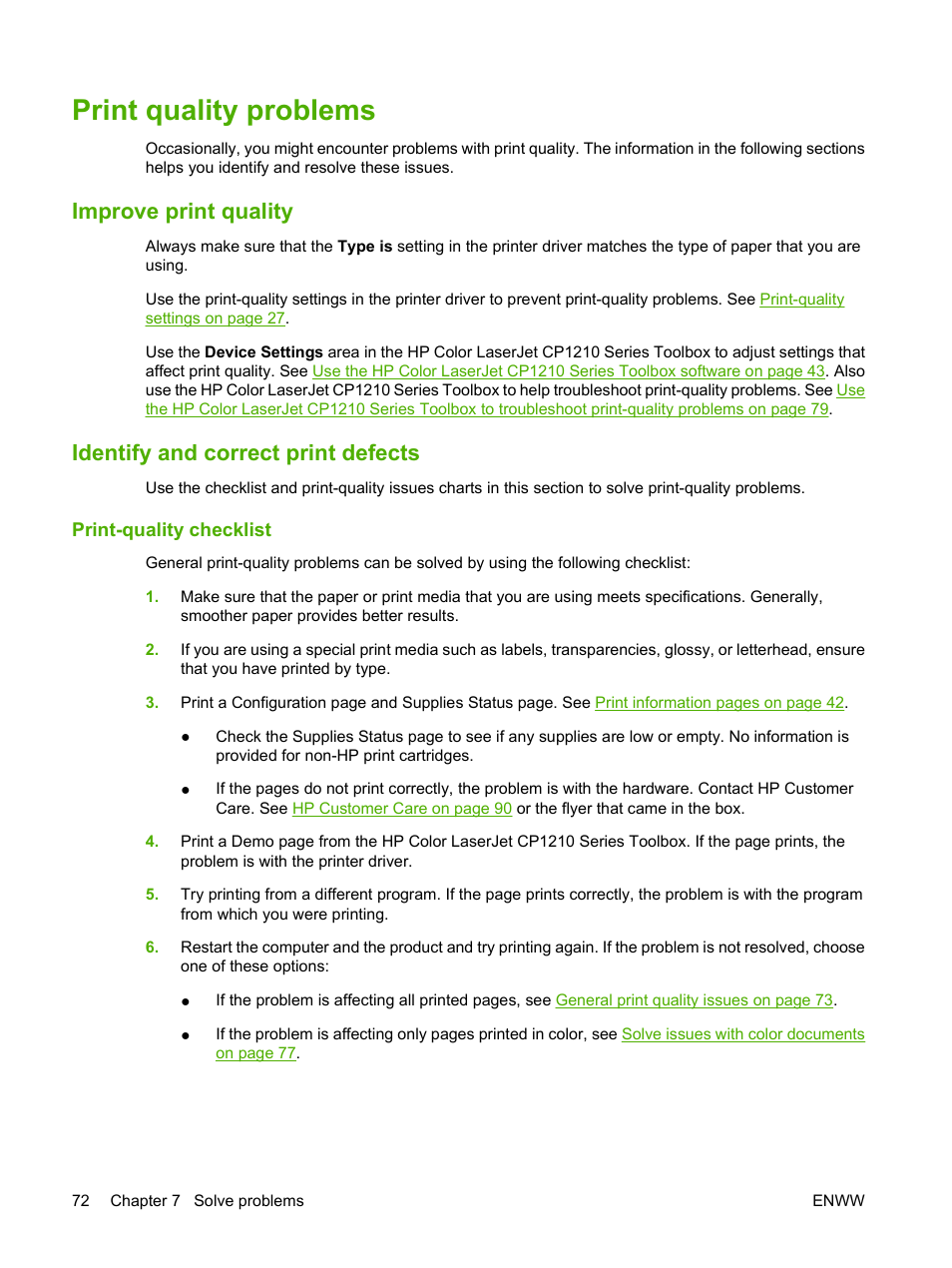 Print quality problems, Improve print quality, Identify and correct print defects | Print-quality checklist | HP Color LaserJet CP1215 Printer User Manual | Page 80 / 122