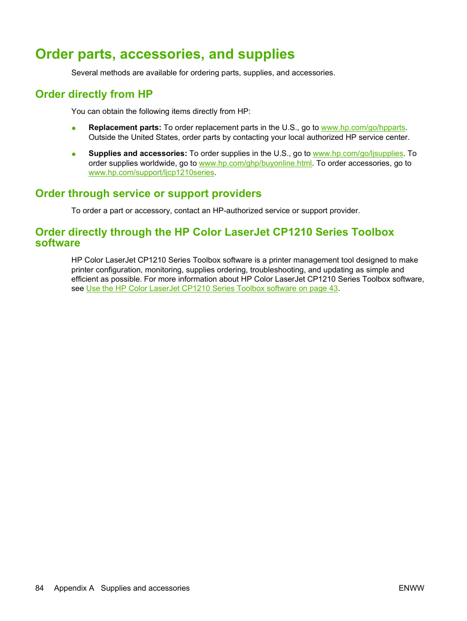 Order parts, accessories, and supplies, Order directly from hp, Order through service or support providers | HP Color LaserJet CP1215 Printer User Manual | Page 92 / 122