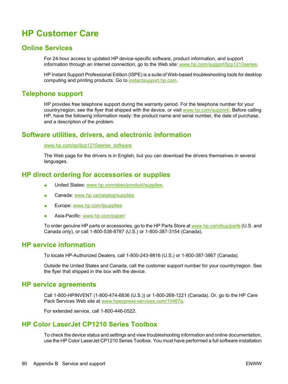 Hp customer care, Online services, Telephone support | Hp direct ordering for accessories or supplies, Hp service information, Hp service agreements, Hp color laserjet cp1210 series toolbox, Hp customer | HP Color LaserJet CP1215 Printer User Manual | Page 98 / 122