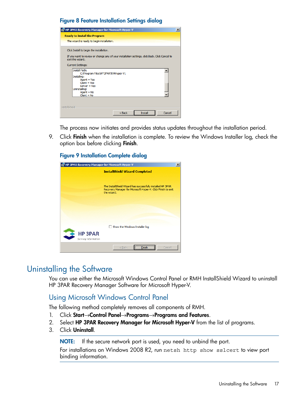 Uninstalling the software, Using microsoft windows control panel | HP 3PAR Recovery Manager Software User Manual | Page 17 / 91