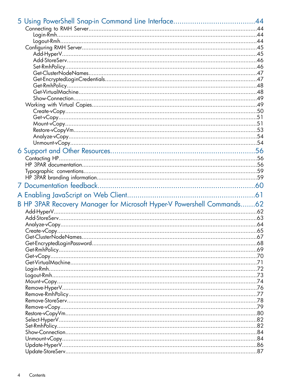 5 using powershell snap-in command line interface, 6 support and other resources | HP 3PAR Recovery Manager Software User Manual | Page 4 / 91