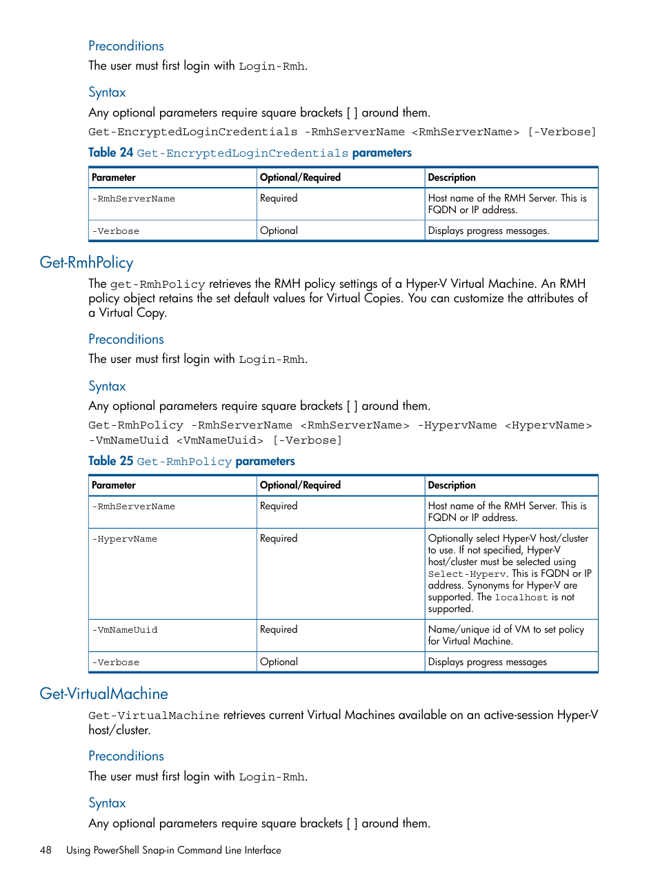 Get-rmhpolicy, Get-virtualmachine, Get-rmhpolicy get-virtualmachine | HP 3PAR Recovery Manager Software User Manual | Page 48 / 91