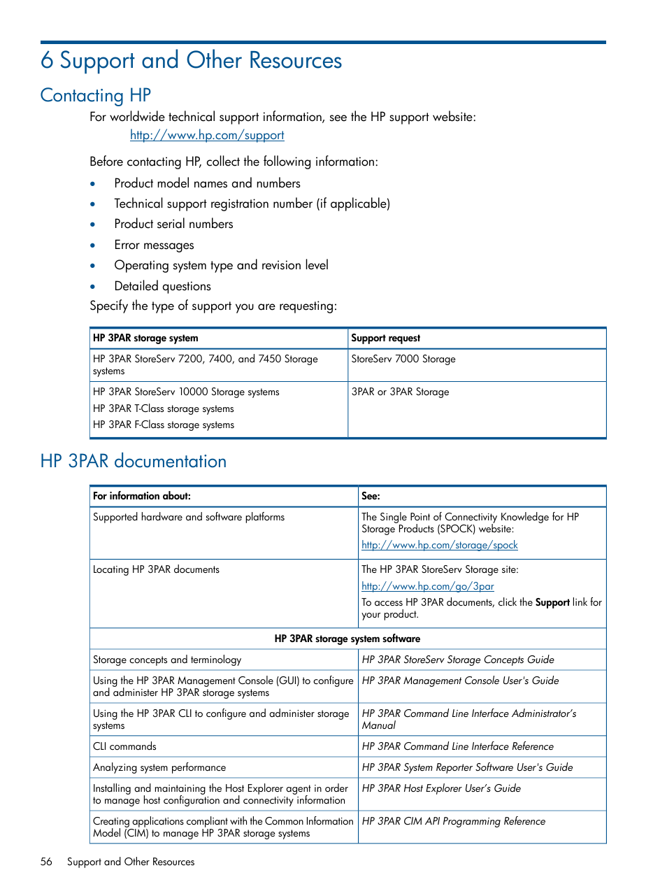 6 support and other resources, Contacting hp, Hp 3par documentation | Contacting hp hp 3par documentation | HP 3PAR Recovery Manager Software User Manual | Page 56 / 91