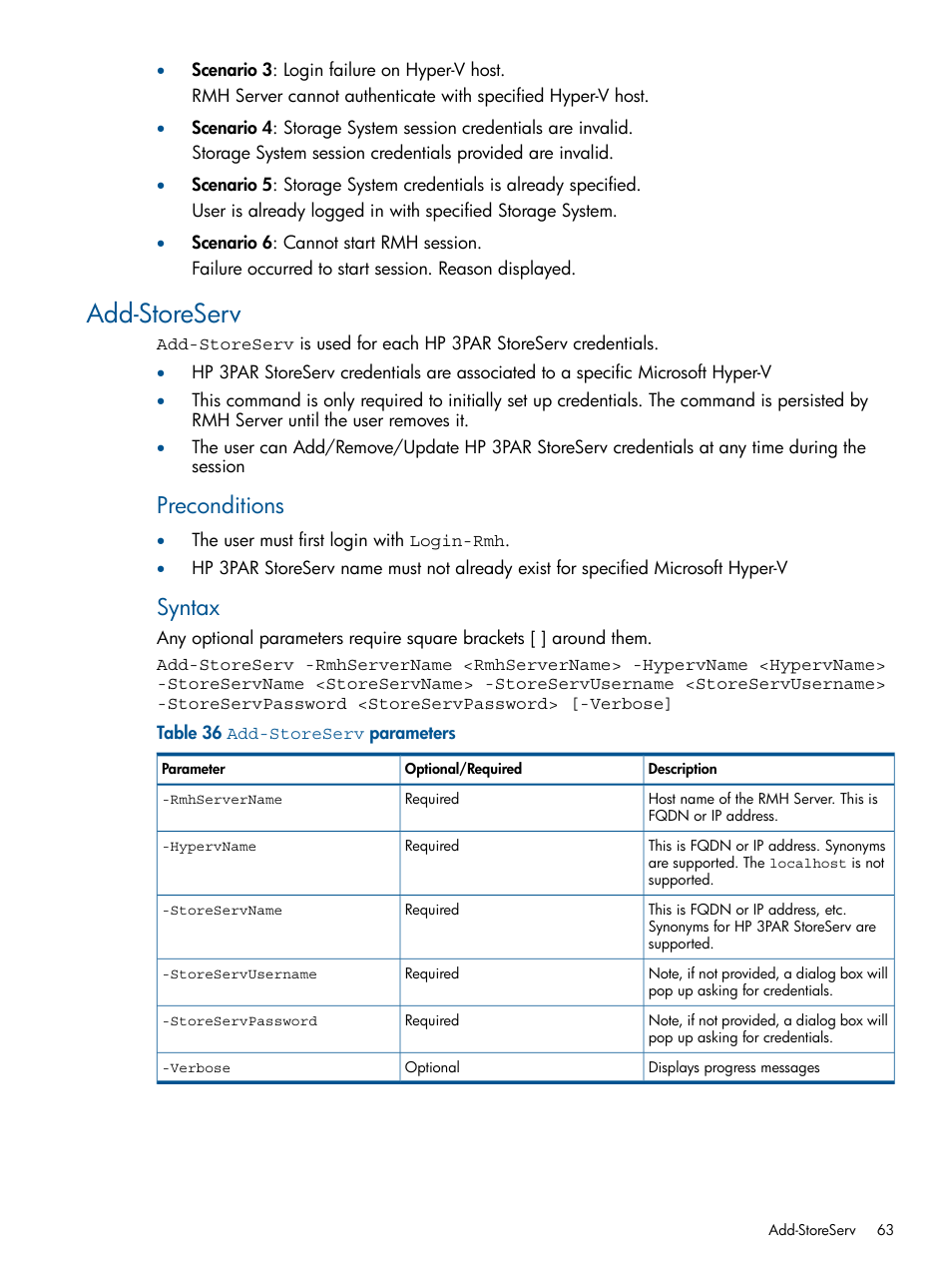 Add-storeserv, Preconditions, Syntax | HP 3PAR Recovery Manager Software User Manual | Page 63 / 91