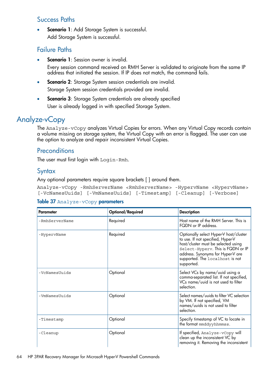 Analyze-vcopy, Success paths, Failure paths | Preconditions, Syntax | HP 3PAR Recovery Manager Software User Manual | Page 64 / 91