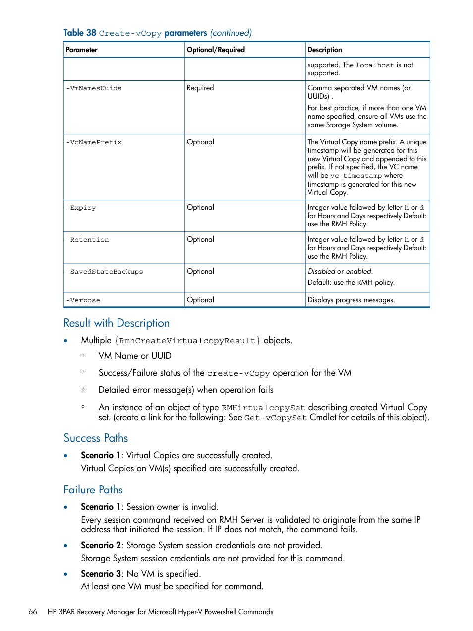 Result with description, Success paths, Failure paths | HP 3PAR Recovery Manager Software User Manual | Page 66 / 91