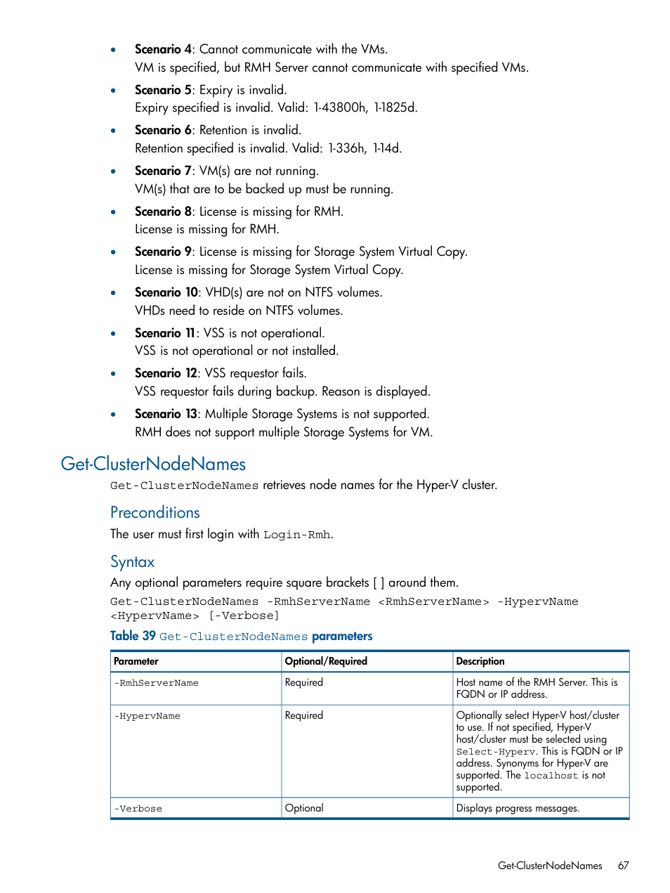 Get-clusternodenames, Preconditions, Syntax | HP 3PAR Recovery Manager Software User Manual | Page 67 / 91
