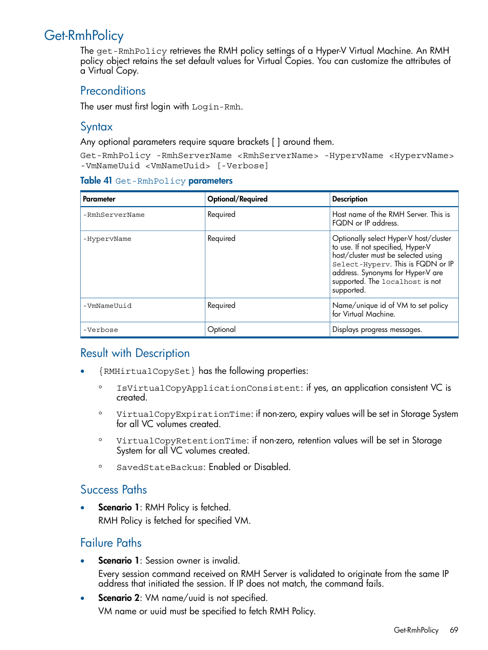 Get-rmhpolicy, Preconditions, Syntax | Result with description, Success paths, Failure paths | HP 3PAR Recovery Manager Software User Manual | Page 69 / 91