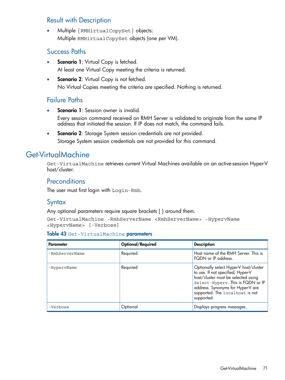 Get-virtualmachine, Result with description, Success paths | Failure paths, Preconditions, Syntax | HP 3PAR Recovery Manager Software User Manual | Page 71 / 91