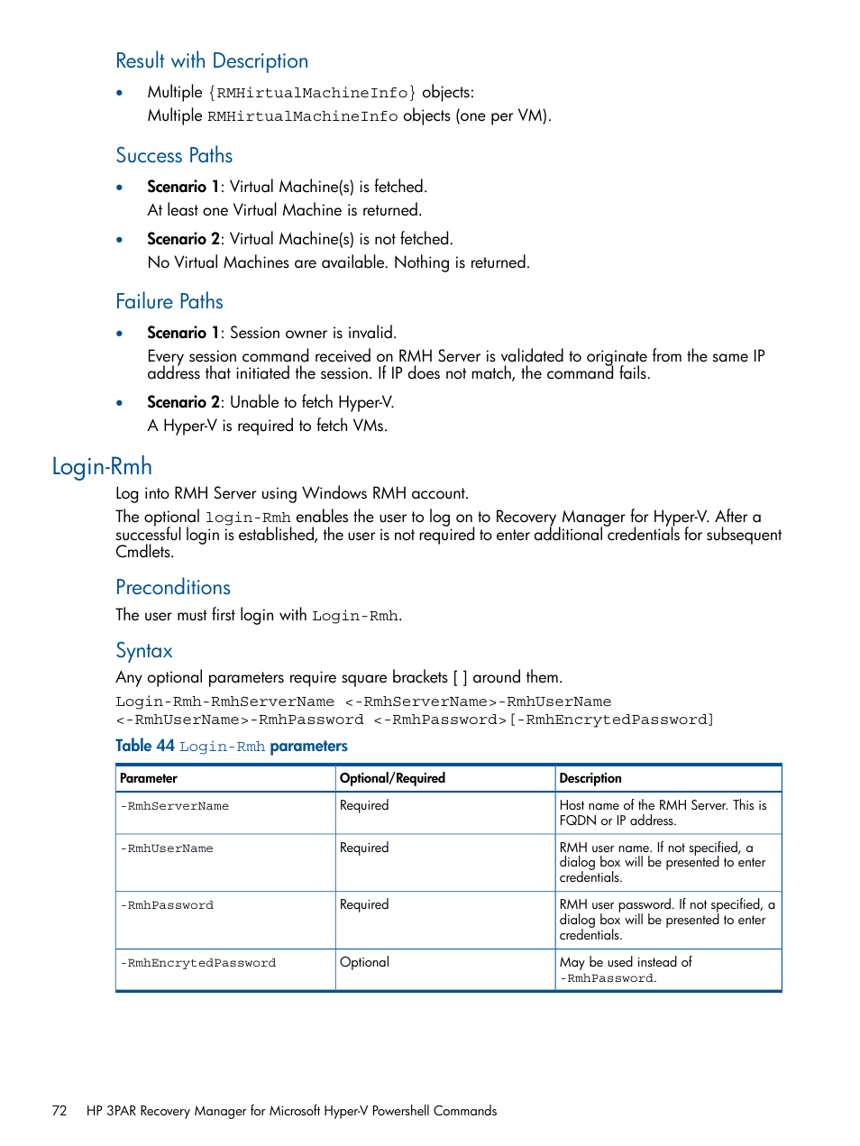 Login-rmh, Result with description, Success paths | Failure paths, Preconditions, Syntax | HP 3PAR Recovery Manager Software User Manual | Page 72 / 91