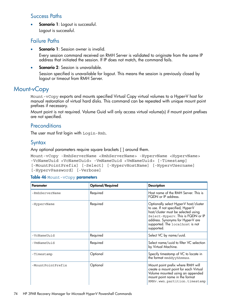 Mount-vcopy, Success paths, Failure paths | Preconditions, Syntax | HP 3PAR Recovery Manager Software User Manual | Page 74 / 91