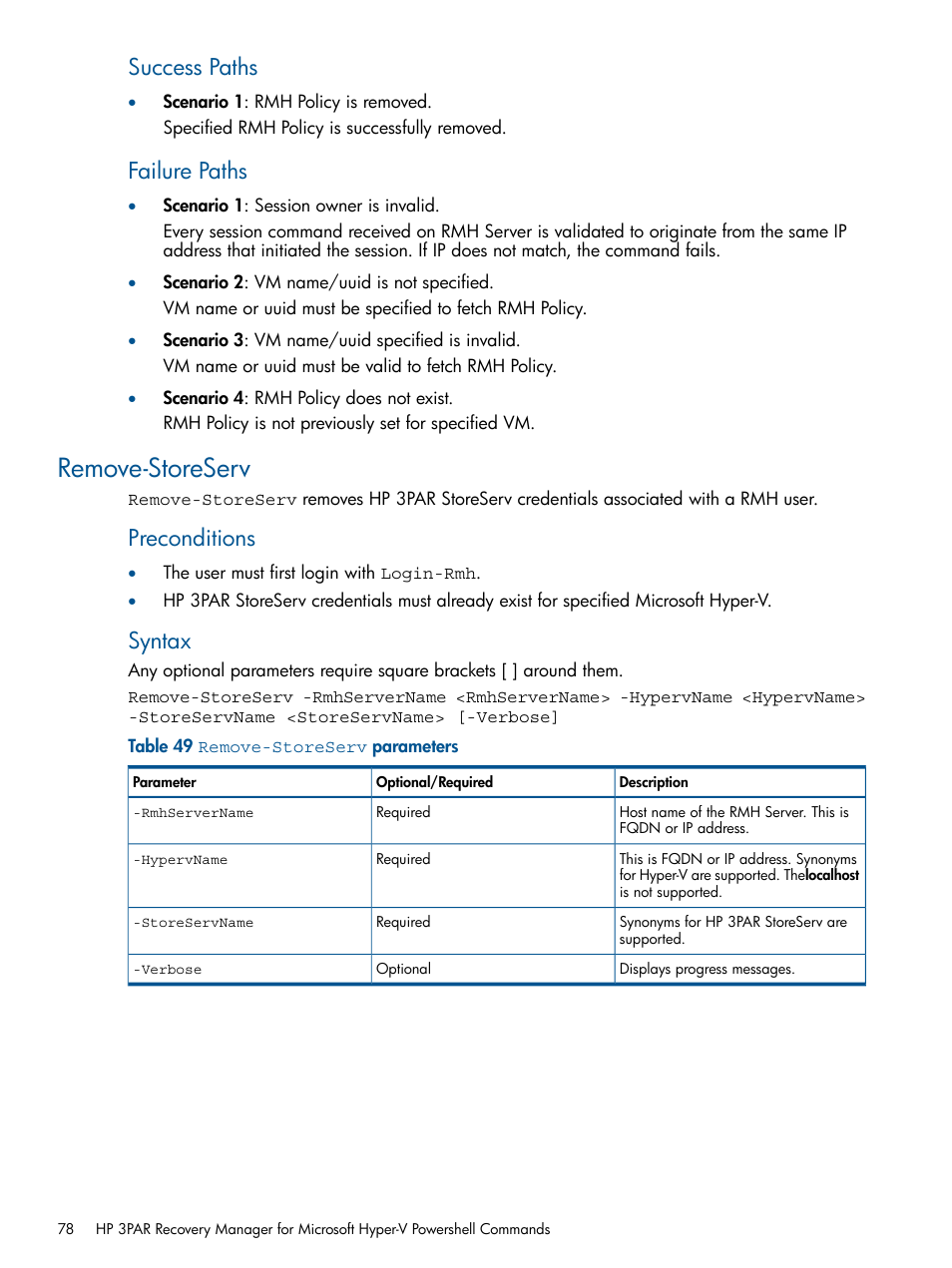 Remove-storeserv, Success paths, Failure paths | Preconditions, Syntax | HP 3PAR Recovery Manager Software User Manual | Page 78 / 91