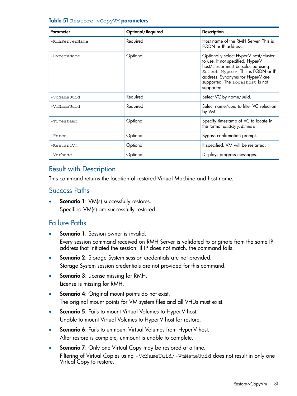 Result with description, Success paths, Failure paths | HP 3PAR Recovery Manager Software User Manual | Page 81 / 91