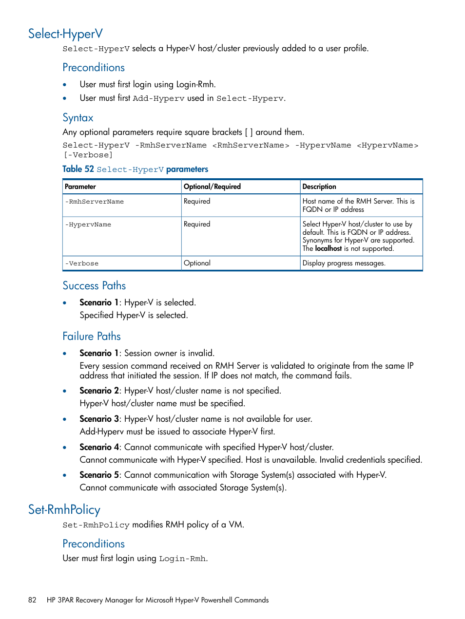 Select-hyperv, Set-rmhpolicy, Select-hyperv set-rmhpolicy | Preconditions, Syntax, Success paths, Failure paths | HP 3PAR Recovery Manager Software User Manual | Page 82 / 91