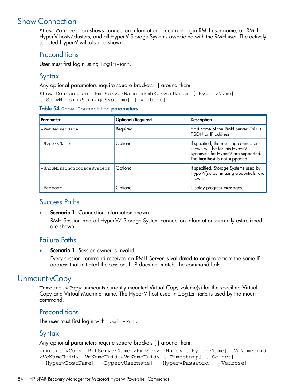 Show-connection, Unmount-vcopy, Show-connection unmount-vcopy | Preconditions, Syntax, Success paths, Failure paths | HP 3PAR Recovery Manager Software User Manual | Page 84 / 91