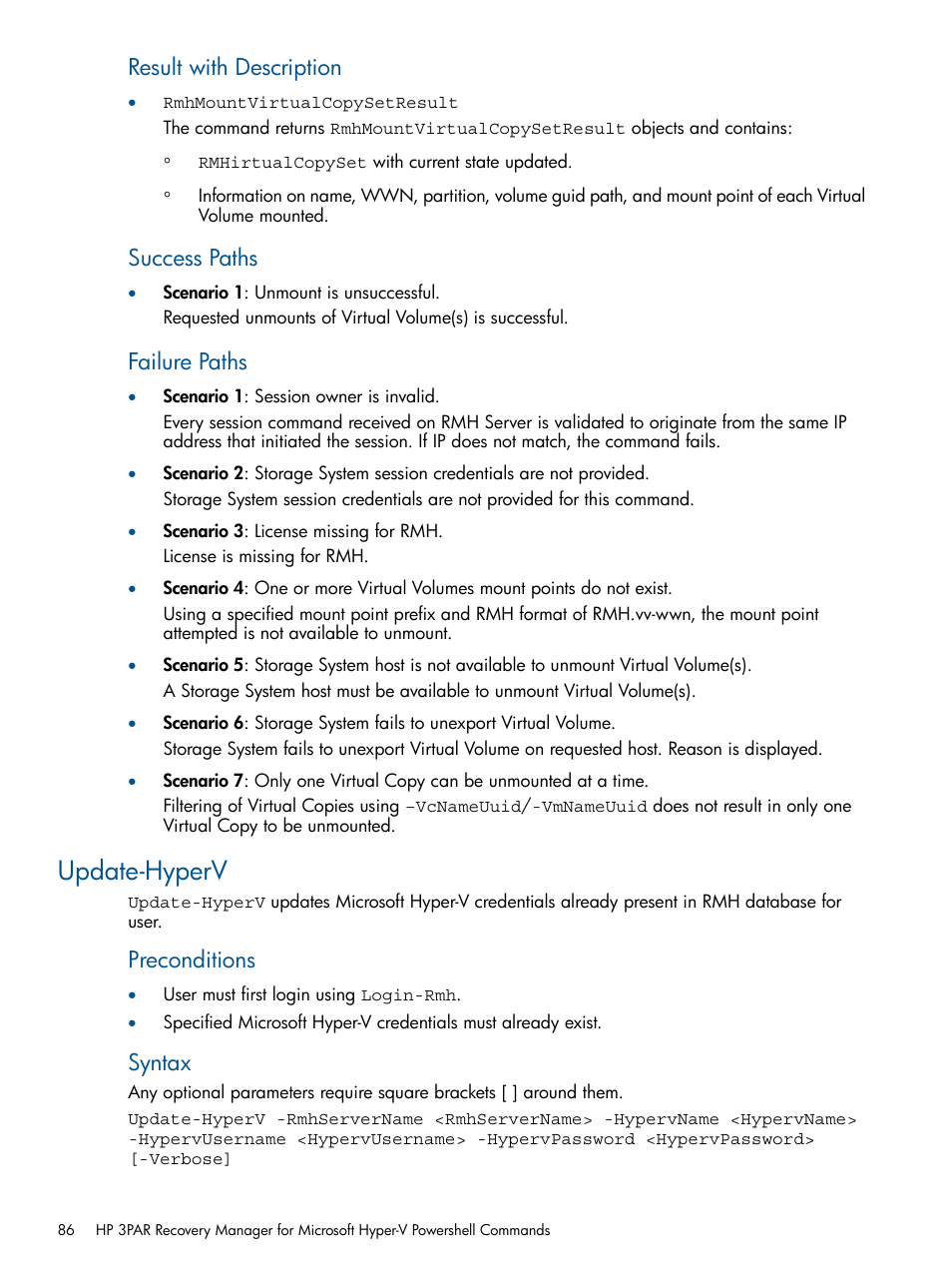 Update-hyperv, Result with description, Success paths | Failure paths, Preconditions, Syntax | HP 3PAR Recovery Manager Software User Manual | Page 86 / 91