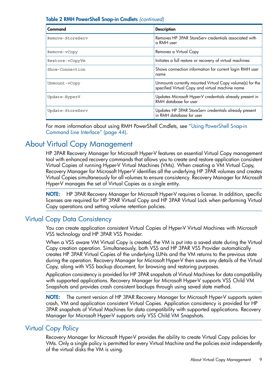 About virtual copy management, Virtual copy data consistency, Virtual copy policy | Virtual copy data consistency virtual copy policy | HP 3PAR Recovery Manager Software User Manual | Page 9 / 91