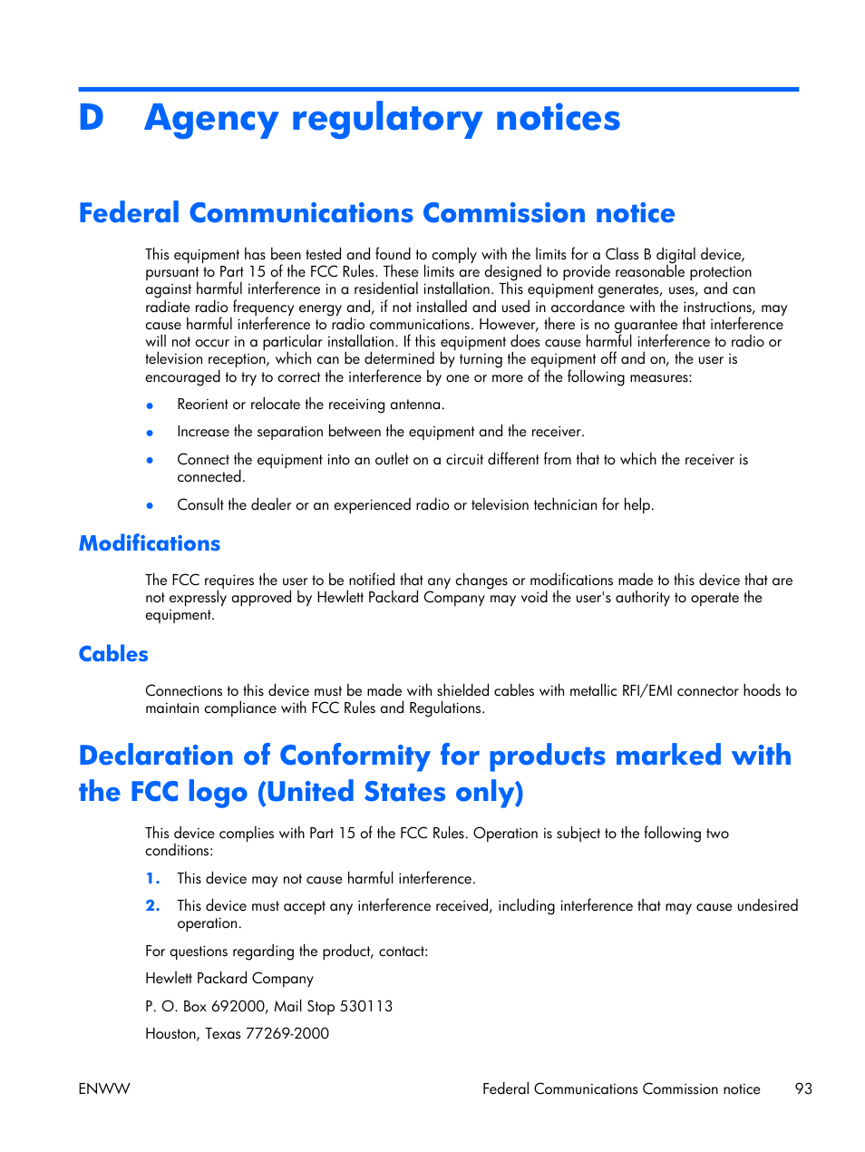 Agency regulatory notices, Federal communications commission notice, Modifications | Cables, Appendix d agency regulatory notices, Modifications cables, D agency regulatory notices | HP LD4210 42-inch LCD Digital Signage Display User Manual | Page 101 / 105