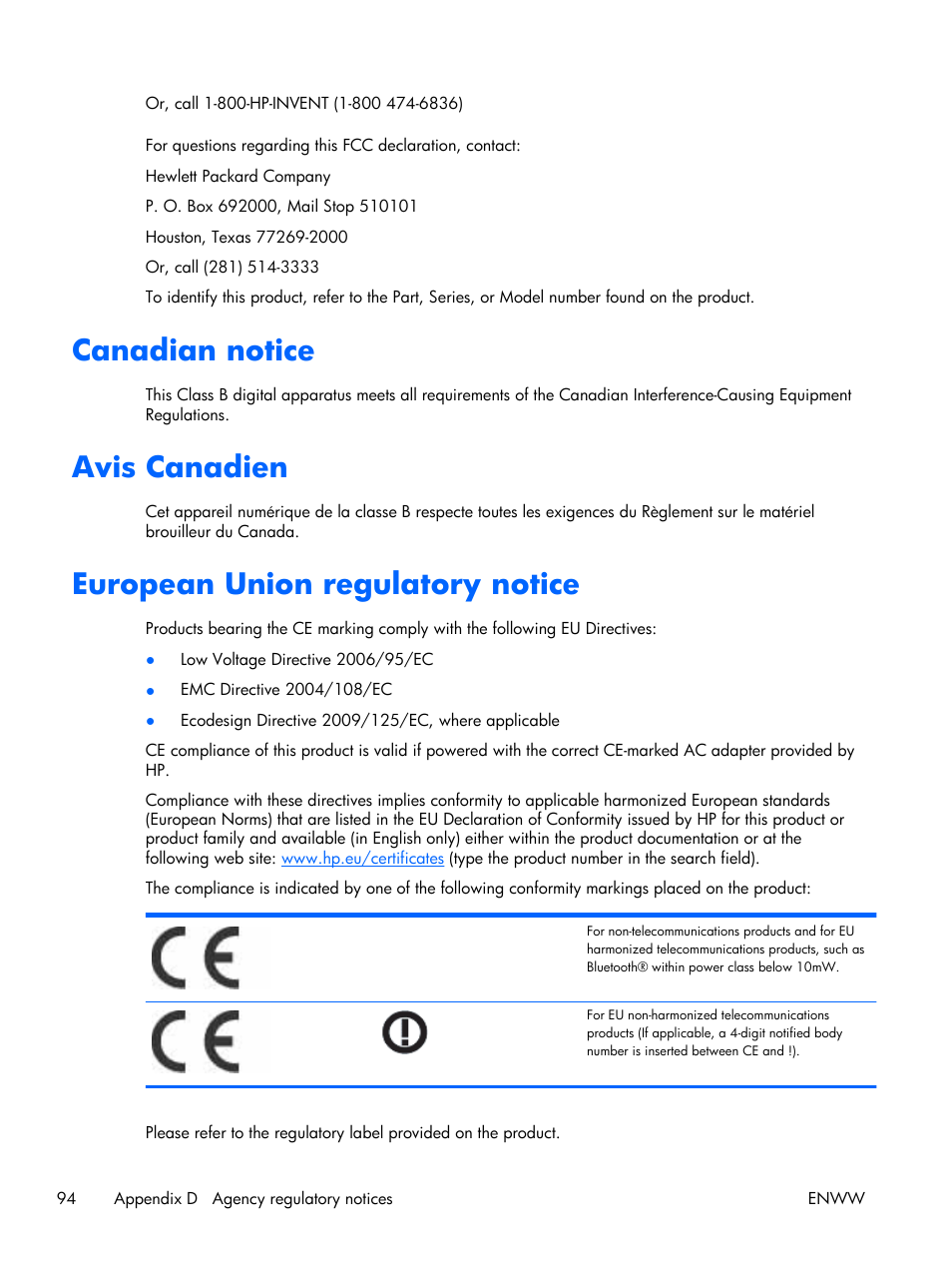 Canadian notice, Avis canadien, European union regulatory notice | HP LD4210 42-inch LCD Digital Signage Display User Manual | Page 102 / 105