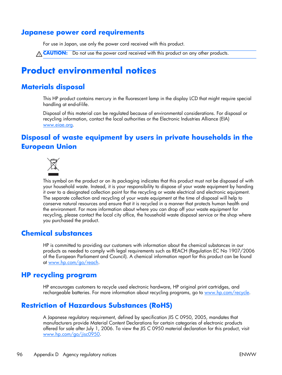 Japanese power cord requirements, Product environmental notices, Materials disposal | Chemical substances, Hp recycling program, Restriction of hazardous substances (rohs) | HP LD4210 42-inch LCD Digital Signage Display User Manual | Page 104 / 105