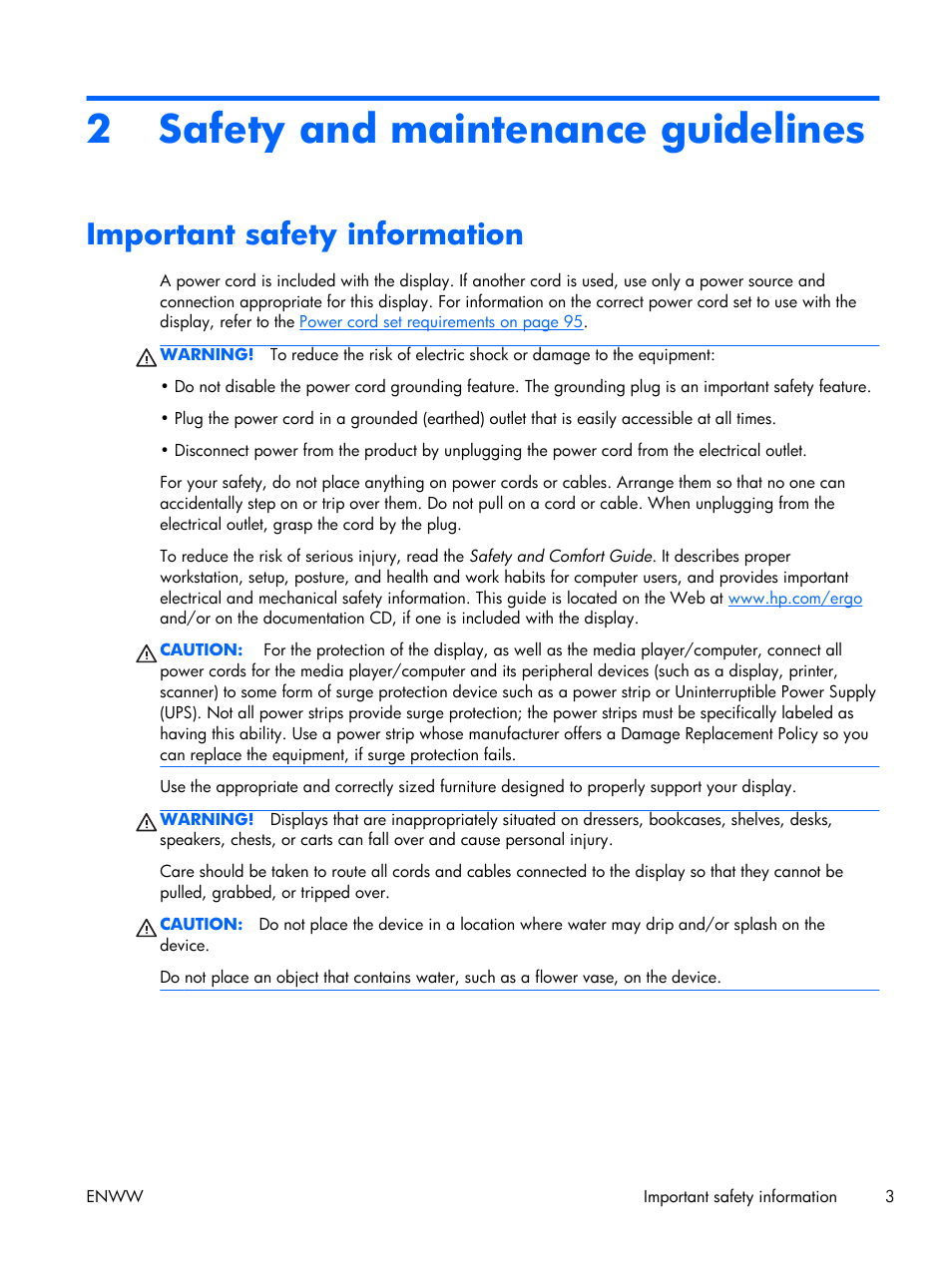Safety and maintenance guidelines, Important safety information, 2 safety and maintenance guidelines | HP LD4210 42-inch LCD Digital Signage Display User Manual | Page 11 / 105