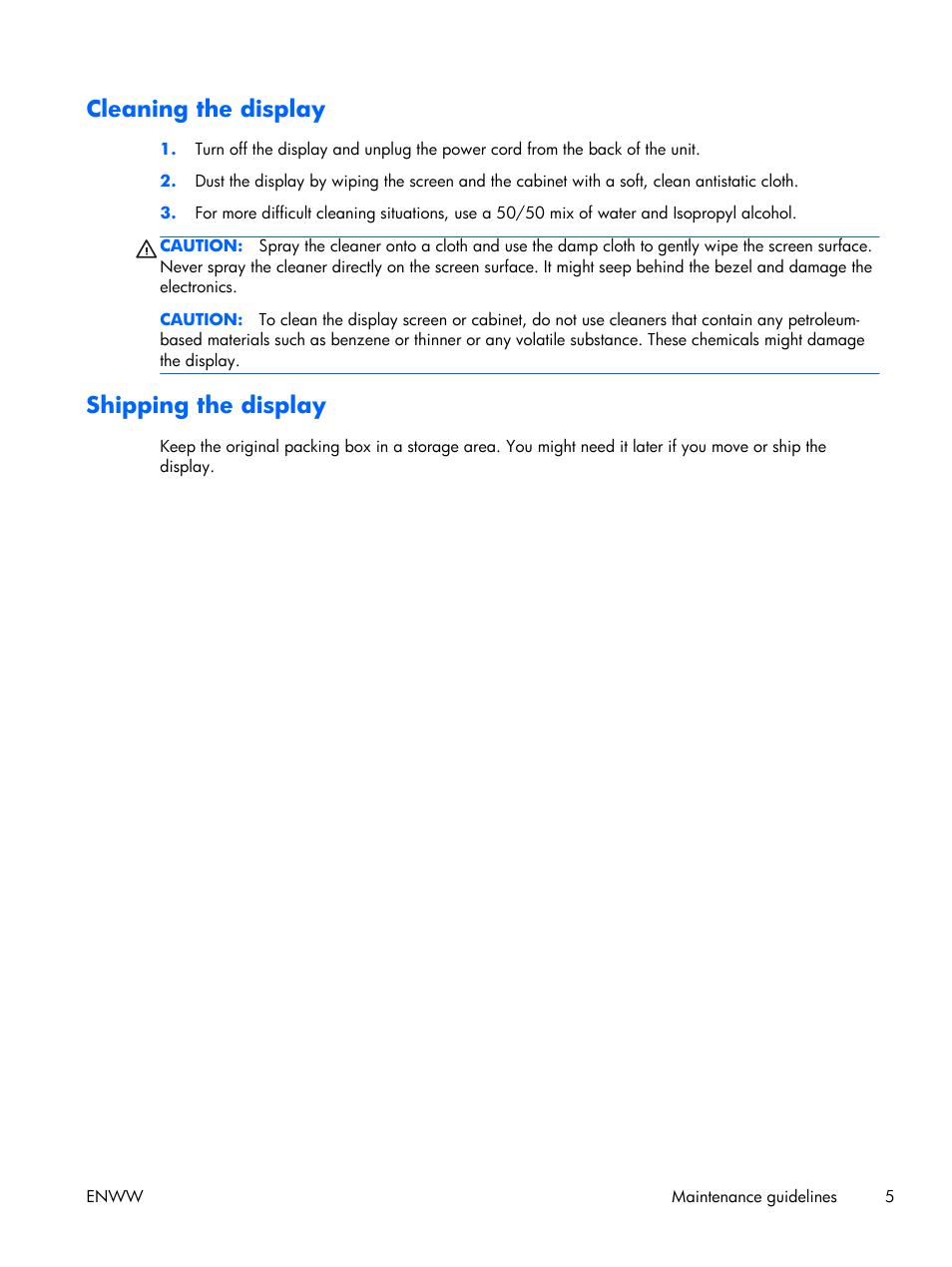 Cleaning the display, Shipping the display, Cleaning the display shipping the display | HP LD4210 42-inch LCD Digital Signage Display User Manual | Page 13 / 105