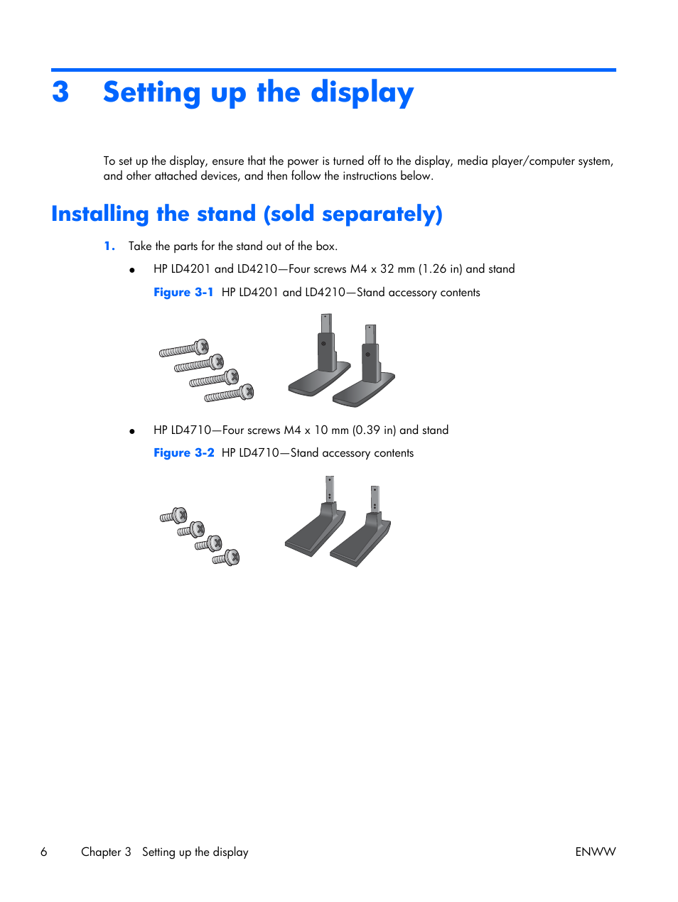 Setting up the display, Installing the stand (sold separately), 3 setting up the display | HP LD4210 42-inch LCD Digital Signage Display User Manual | Page 14 / 105