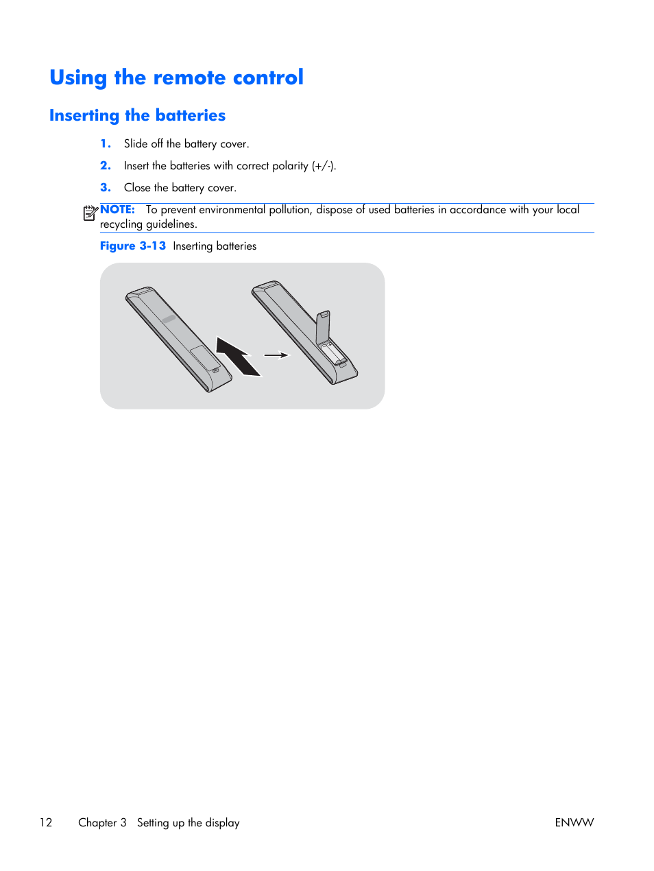 Using the remote control, Inserting the batteries | HP LD4210 42-inch LCD Digital Signage Display User Manual | Page 20 / 105