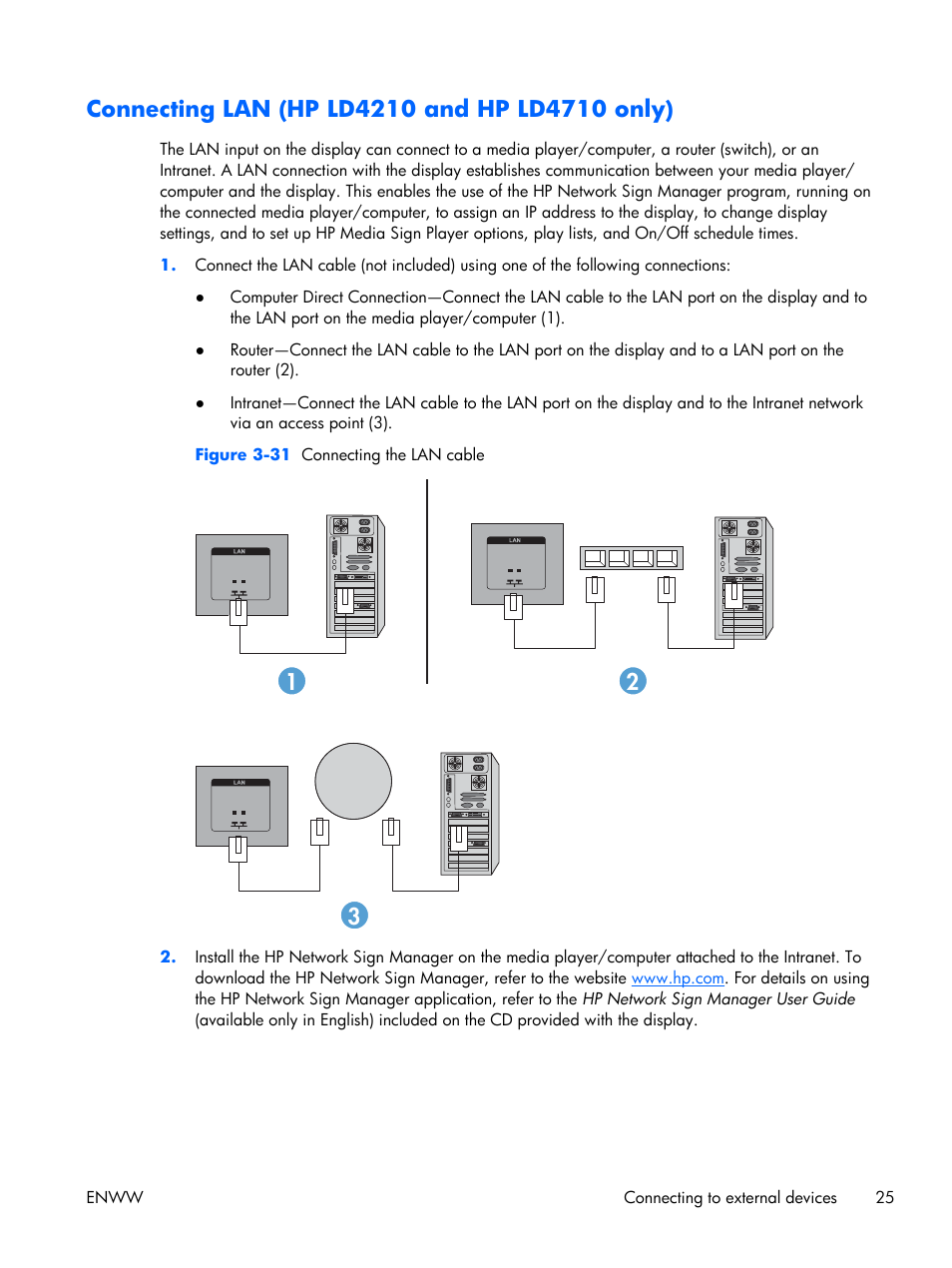 Connecting lan (hp ld4210 and hp ld4710 only) | HP LD4210 42-inch LCD Digital Signage Display User Manual | Page 33 / 105