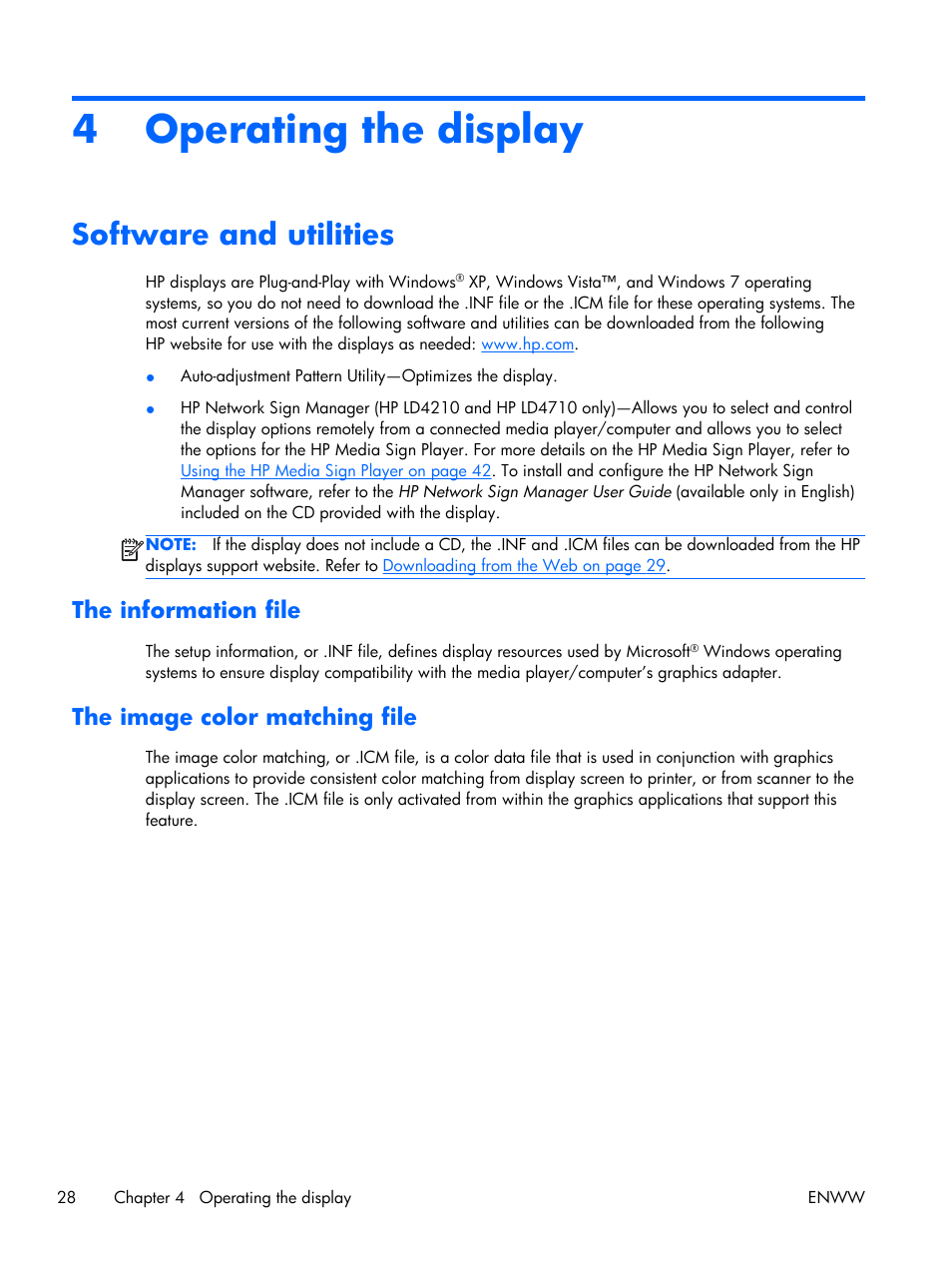 Operating the display, Software and utilities, The information file | The image color matching file, 4 operating the display, The information file the image color matching file | HP LD4210 42-inch LCD Digital Signage Display User Manual | Page 36 / 105