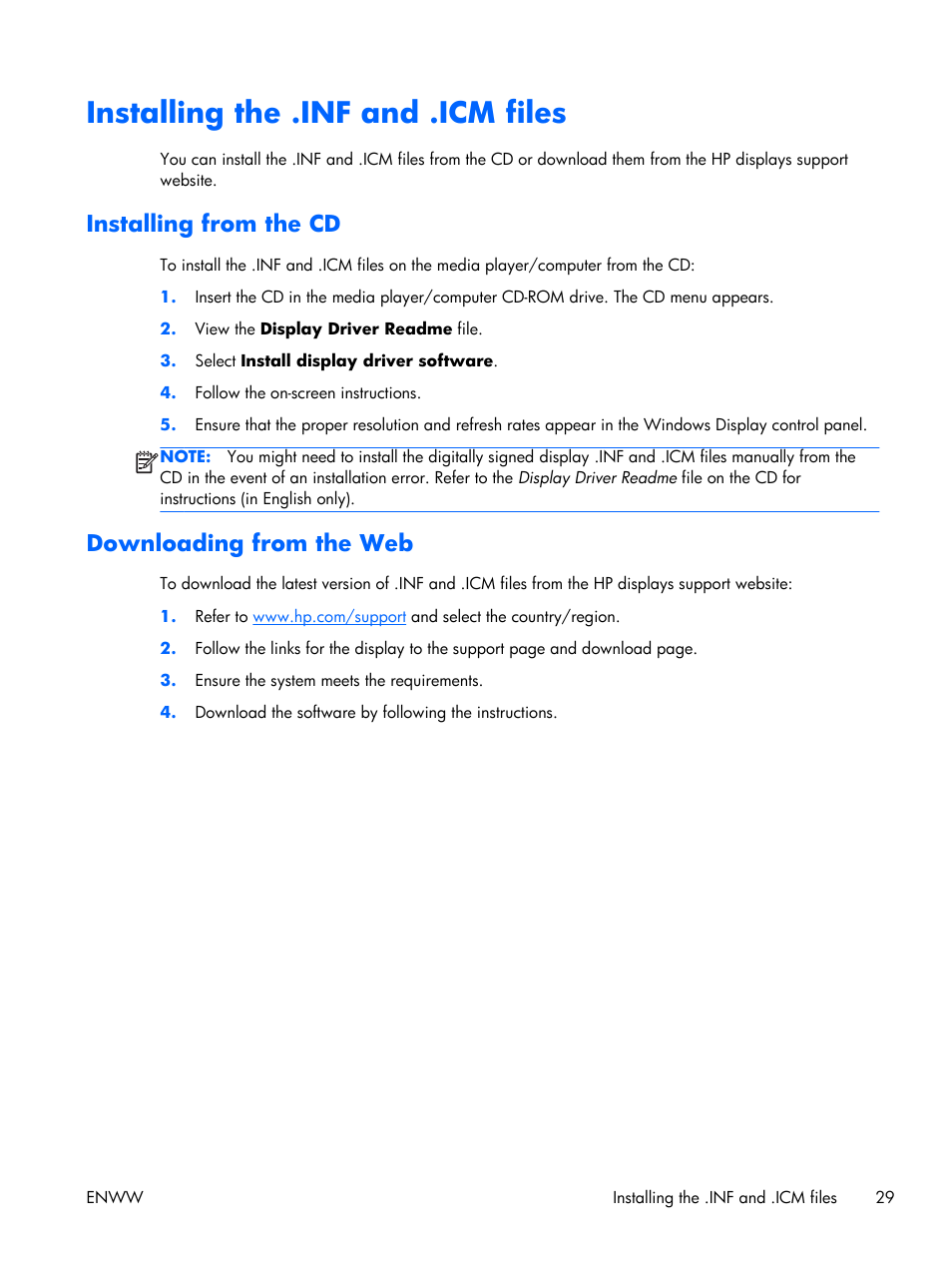 Installing the .inf and .icm files, Installing from the cd, Downloading from the web | HP LD4210 42-inch LCD Digital Signage Display User Manual | Page 37 / 105