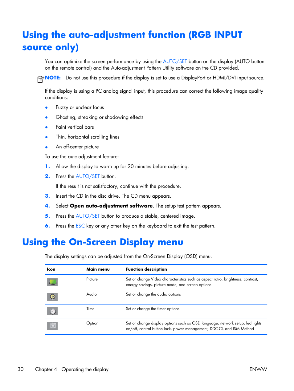 Using the on-screen display menu | HP LD4210 42-inch LCD Digital Signage Display User Manual | Page 38 / 105