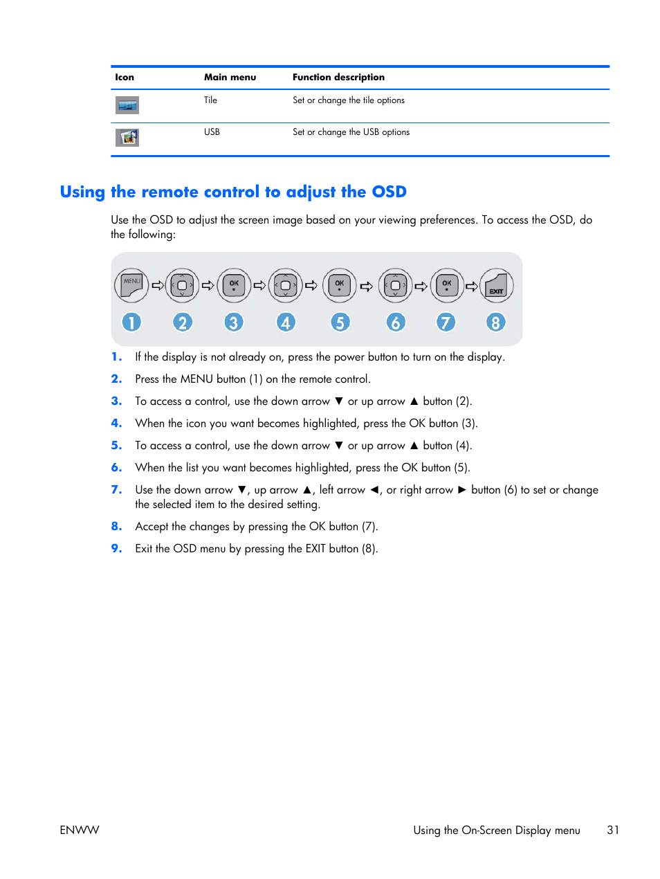 Using the remote control to adjust the osd | HP LD4210 42-inch LCD Digital Signage Display User Manual | Page 39 / 105