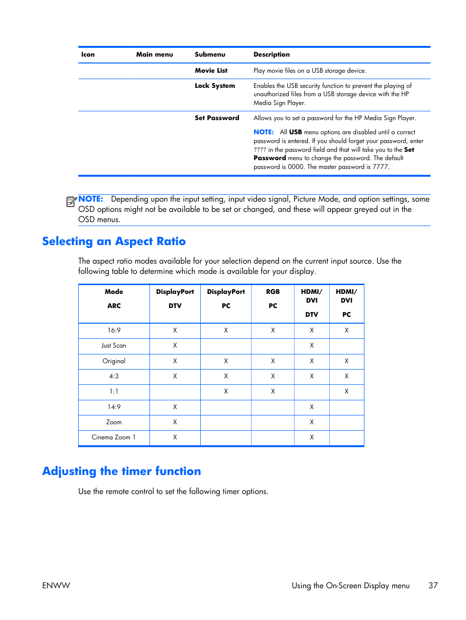 Selecting an aspect ratio, Adjusting the timer function | HP LD4210 42-inch LCD Digital Signage Display User Manual | Page 45 / 105