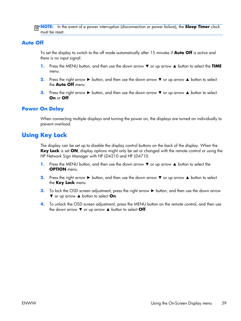 Auto off, Power on delay, Using key lock | Auto off power on delay | HP LD4210 42-inch LCD Digital Signage Display User Manual | Page 47 / 105