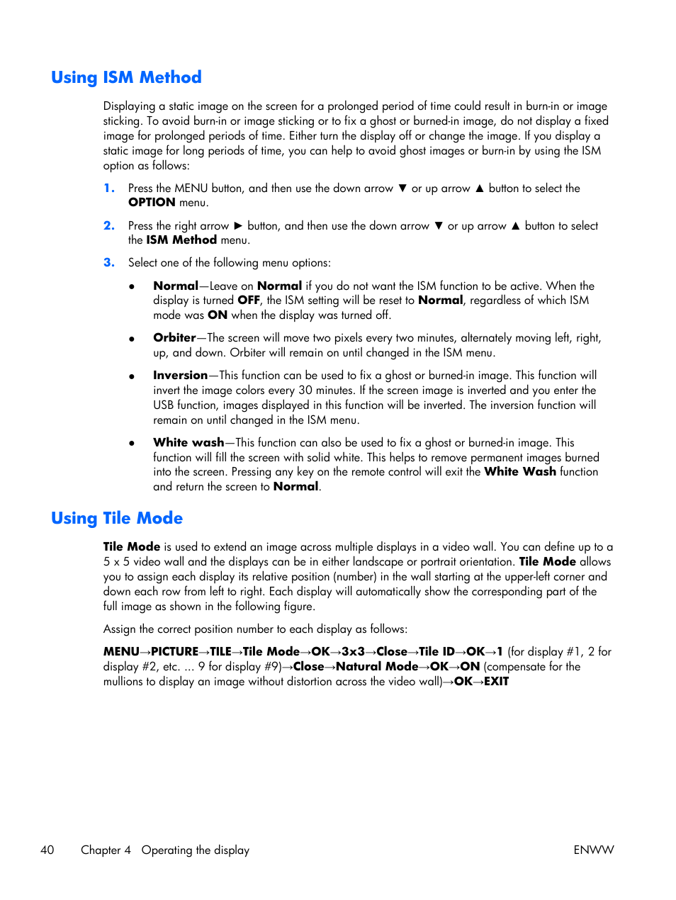 Using ism method, Using tile mode, Using ism method using tile mode | HP LD4210 42-inch LCD Digital Signage Display User Manual | Page 48 / 105